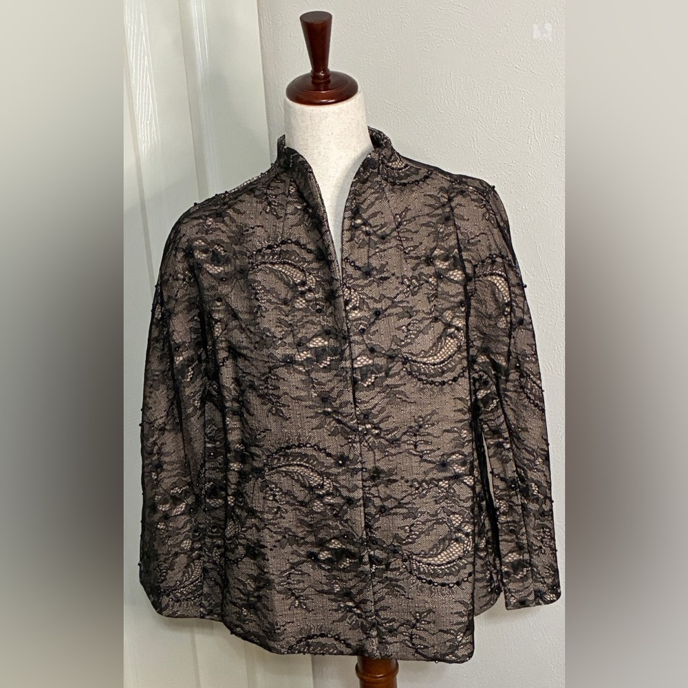CHICO’s Embellished OLS jacket, black lace/beading overlaid on cream Size 1 NWT